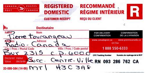 Envoi d'une plainte en lettre recommande avec poste canada  Pierre Tourangeau ombudsman de Radio-Canada.