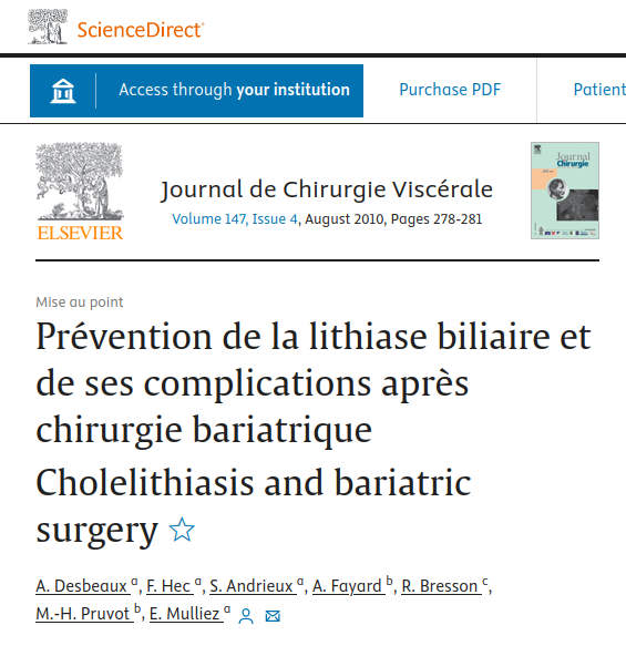 Prvention de la lithiase biliaire et de ses complications aprs chirurgie bariatrique Cholelithiasis and bariatric surgery